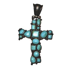Vintage Sterling Silver .925 Turquoise Mosaic Cross Pendant (Pendant only)